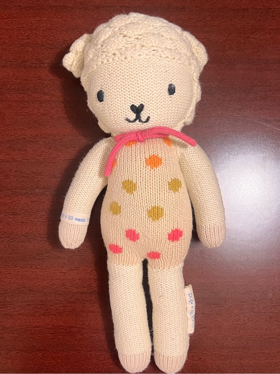 Cuddle + Kind Other - Cream Knit Polka Dot Lamb Plush Toy with Pink Bow Accent
